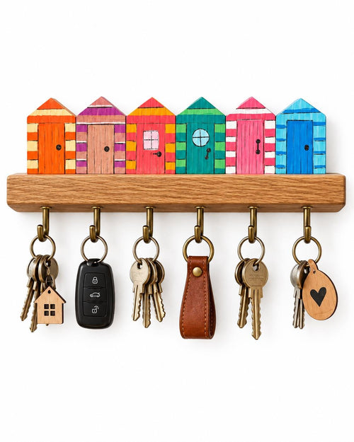 Colourful Beach Hut Wooden Key Holder | Handmade Wall Key Rack | Coastal Home Decor | Housewarming Gift | Entryway Key Hooks