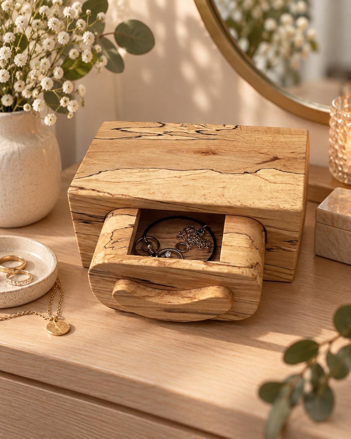 Handmade Spalted Wood Jewellery Box | Wooden Jewellery Storage Box with Drawer | Rustic Keepsake Box | Unique Handmade Gift